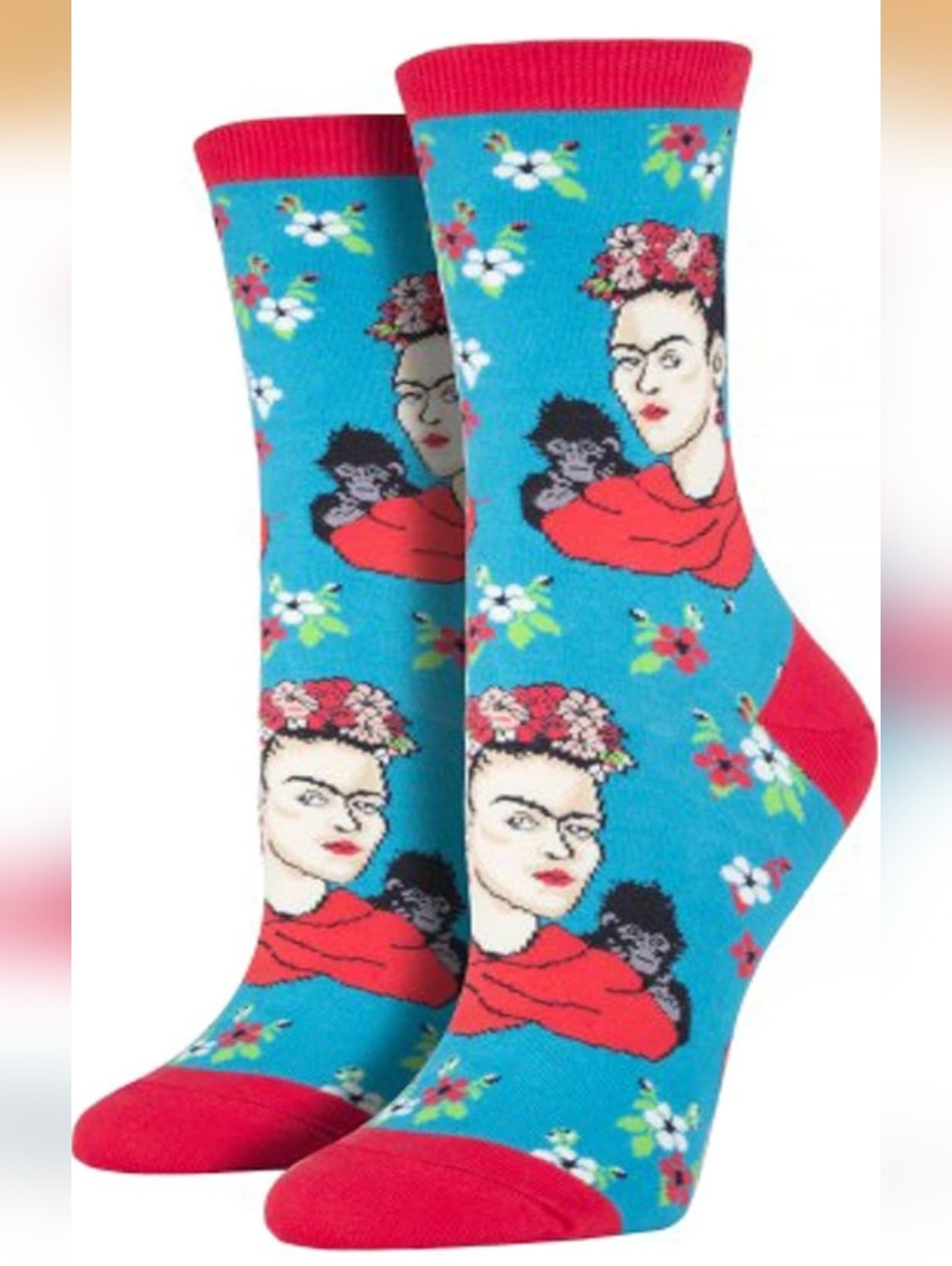 Frida Portrait Crew Socks - Bright Turquoise & Red